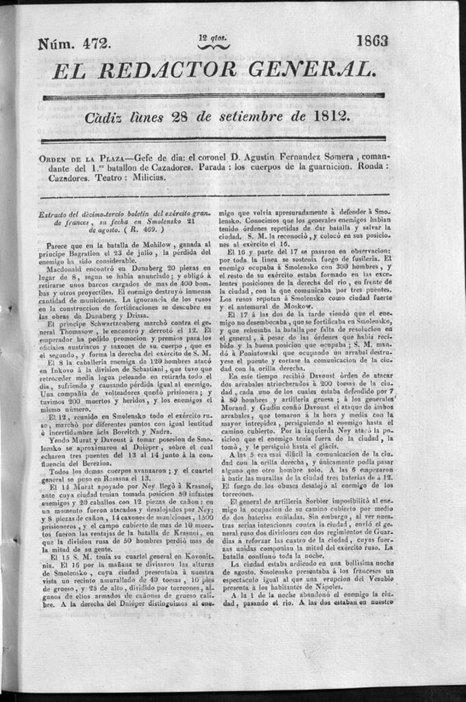 Miniatura de Redactor General del lunes 28 de septiembre de 1812