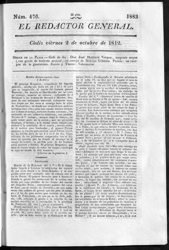 Miniatura de Redactor General del viernes 2 de octubre de 1812