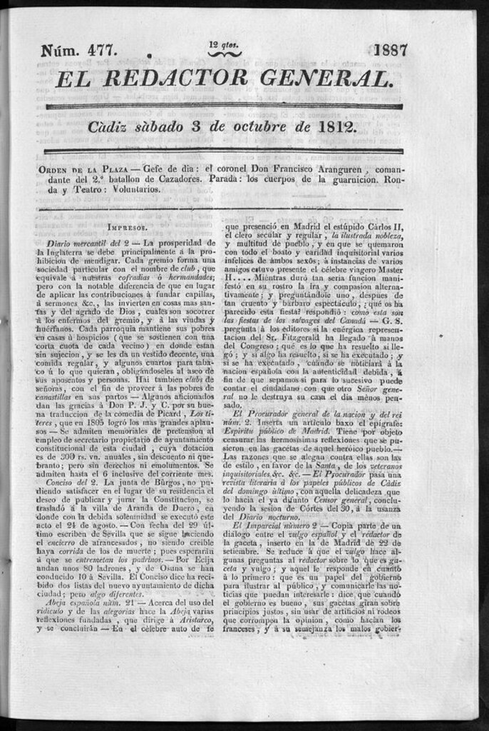 Miniatura de Redactor General del sábado 3 de octubre de 1812