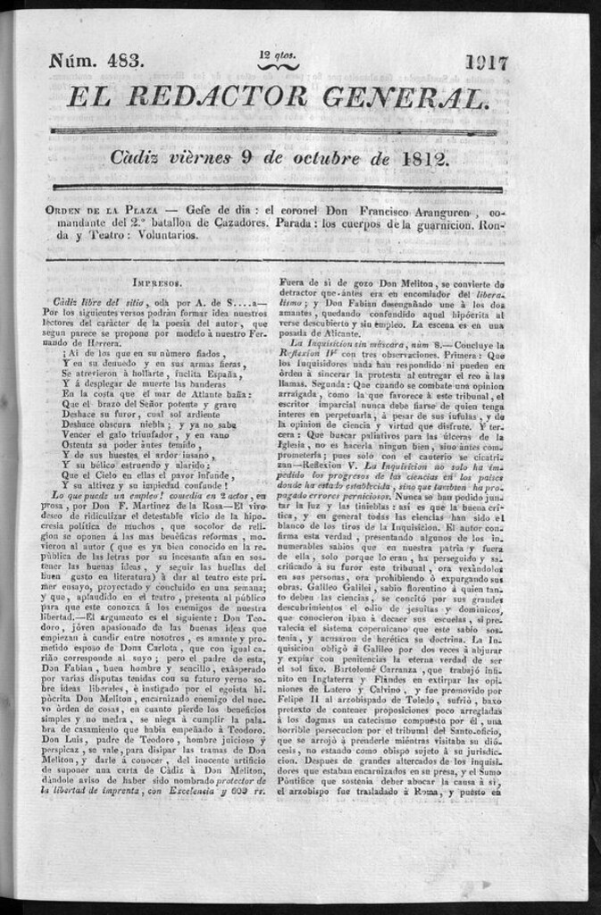 Miniatura de Redactor General del viernes 9 de octubre de 1812