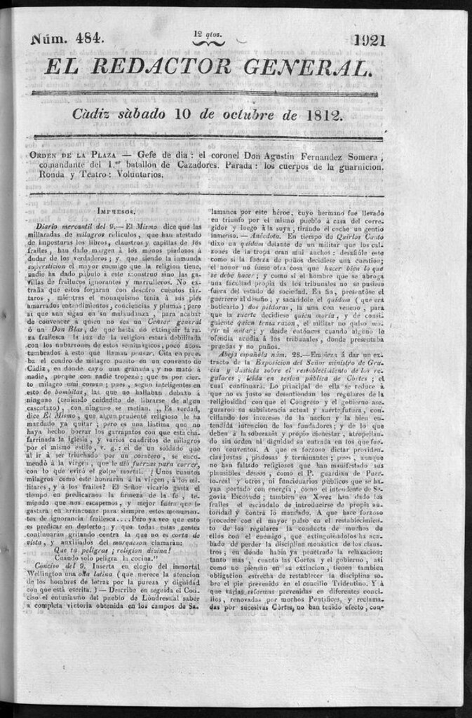 Miniatura de Redactor General del sábado 10 de octubre de 1812
