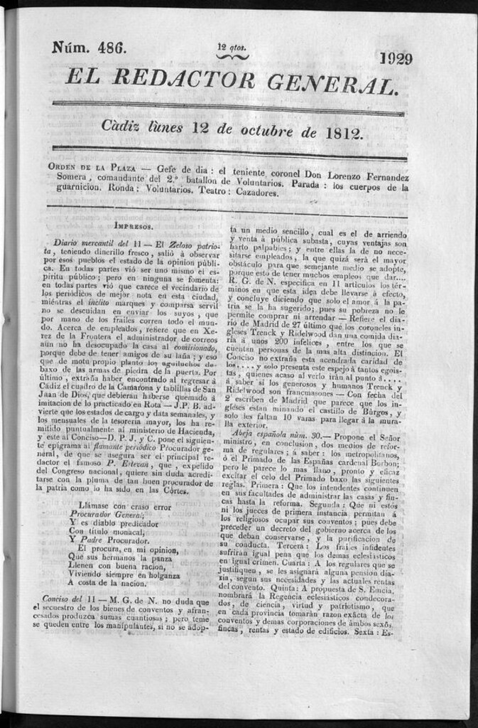 Miniatura de Redactor General del lunes 12 de octubre de 1812