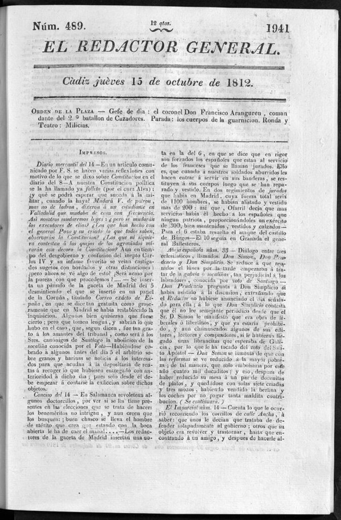 Miniatura de Redactor General del jueves 15 de octubre de 1812