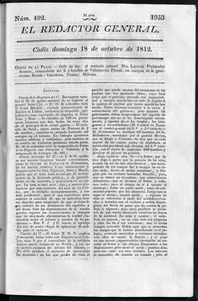Miniatura de Redactor General del domingo 18 de octubre de 1812