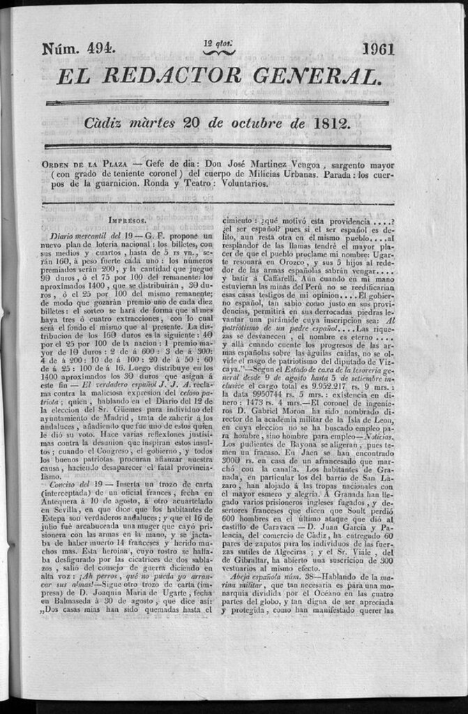 Miniatura de Redactor General del martes 20 de octubre de 1812