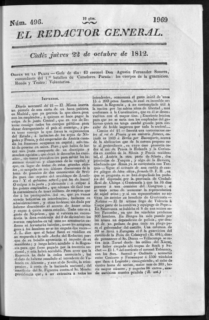 Miniatura de Redactor General del jueves 22 de octubre de 1812