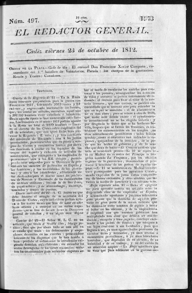 Miniatura de Redactor General del viernes 23 de octubre de 1812