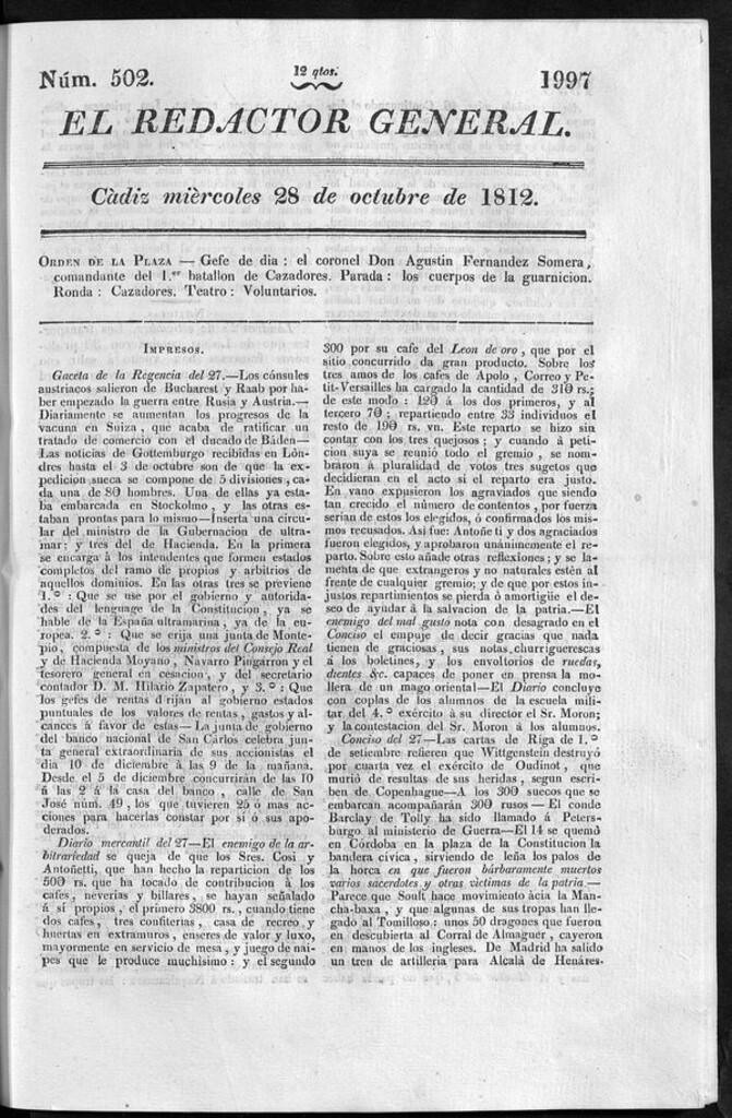 Miniatura de Redactor General del miércoles 28 de octubre de 1812
