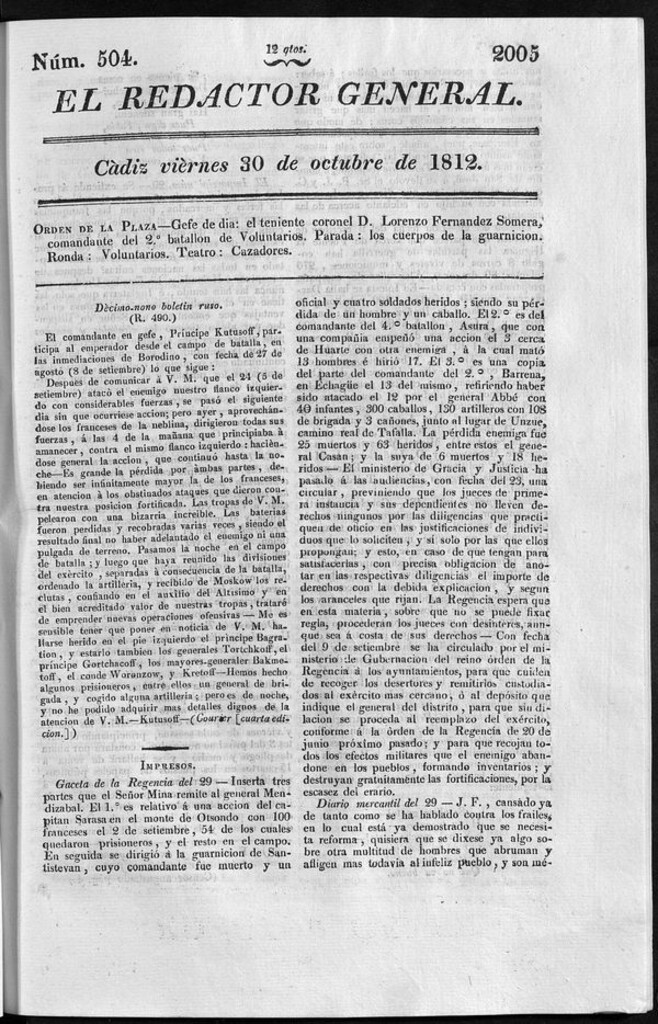 Miniatura de Redactor General del viernes 30 de octubre de 1812