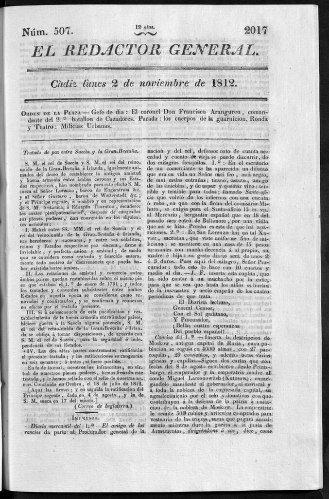 Miniatura de Redactor General del lunes 2 de noviembre de 1812