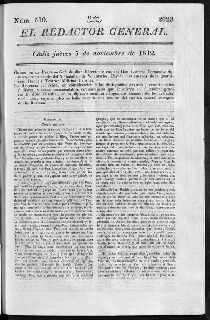 Miniatura de Redactor General del jueves 5 de noviembre de 1812
