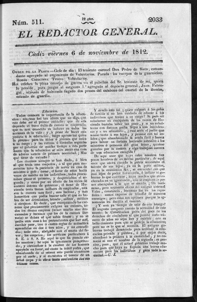 Miniatura de Redactor General del viernes 6 de noviembre de 1812