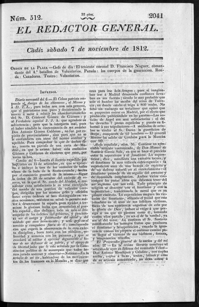 Miniatura de Redactor General del sábado 7 de noviembre de 1812