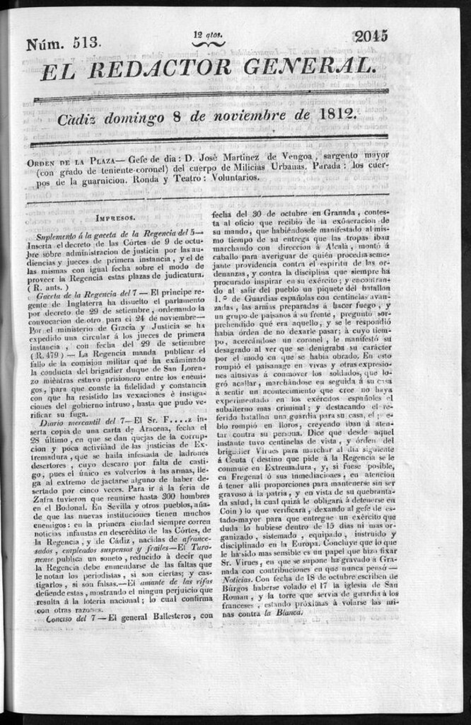 Miniatura de Redactor General del domingo 8 de noviembre de 1812