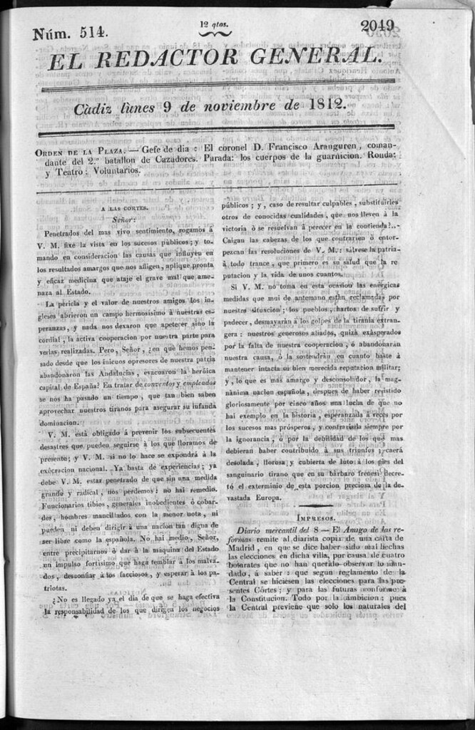 Miniatura de Redactor General del lunes 9 de noviembre de 1812