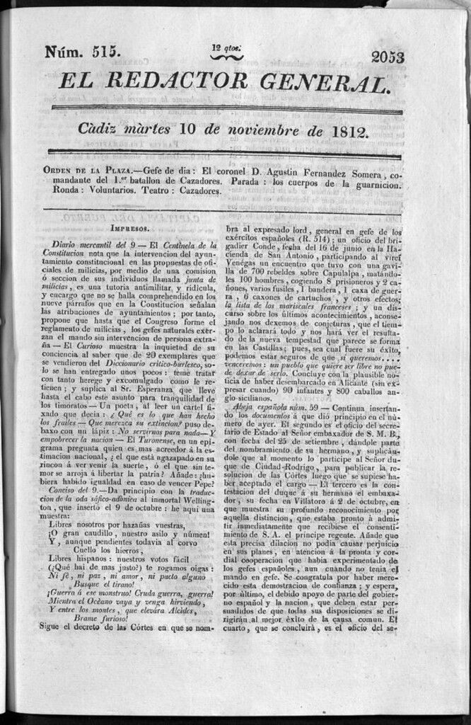 Miniatura de Redactor General del martes 10 de noviembre de 1812