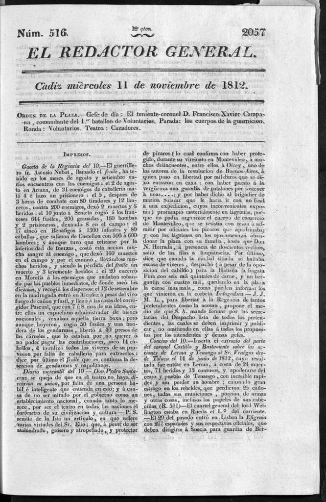 Miniatura de Redactor General del miércoles 11 de noviembre de 1812