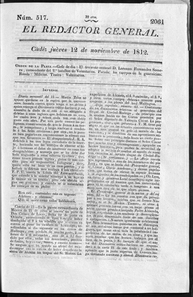 Miniatura de Redactor General del jueves 12 de noviembre de 1812