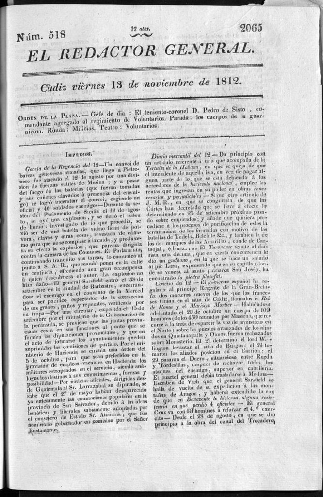 Miniatura de Redactor General del viernes 13 de noviembre de 1812