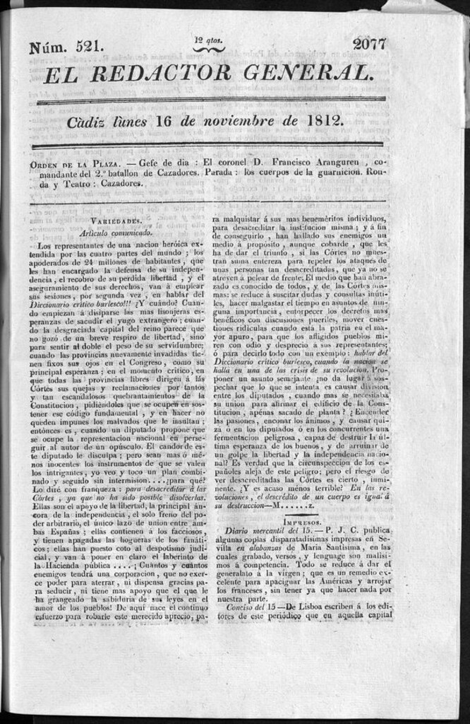 Miniatura de Redactor General del lunes 16 de noviembre de 1812