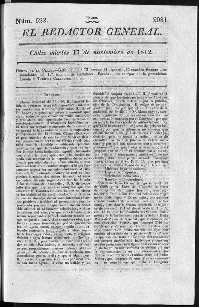 Miniatura de Redactor General del martes 17 de noviembre de 1812