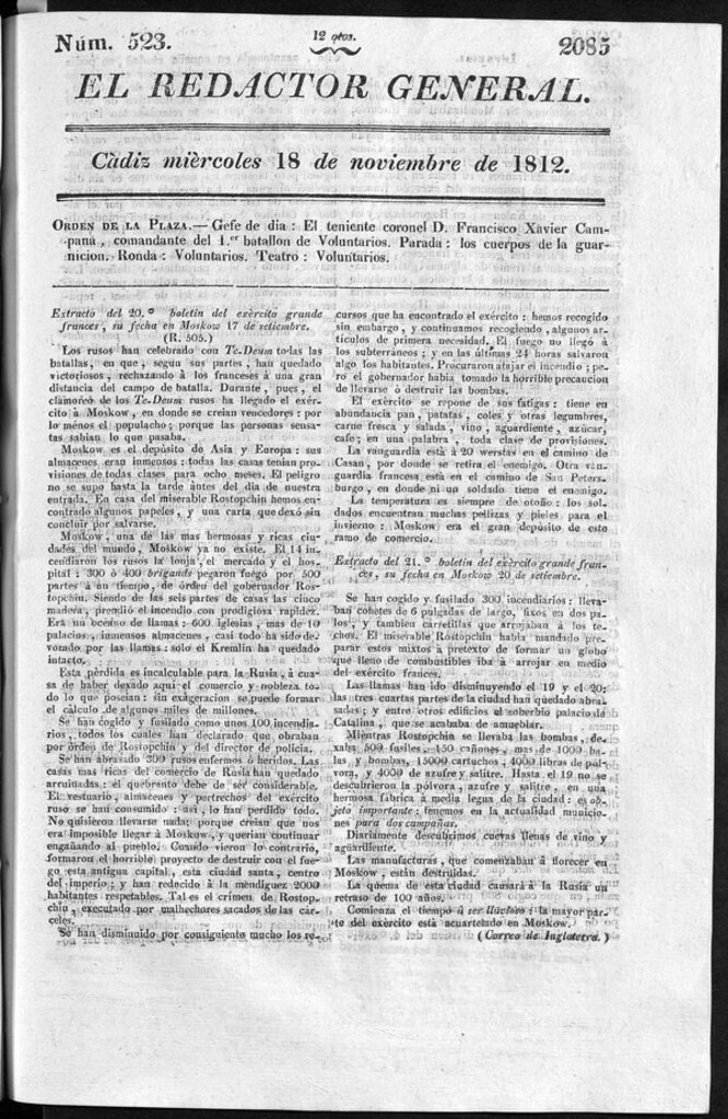 Miniatura de Redactor General del miércoles 18 de noviembre de 1812