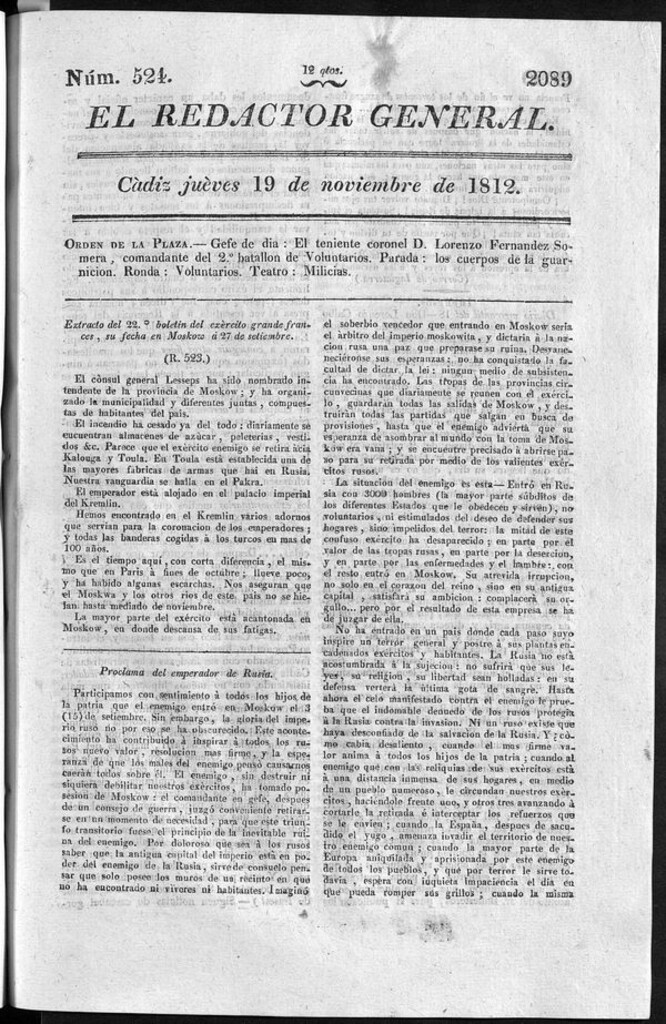 Miniatura de Redactor General del jueves 19 de noviembre de 1812