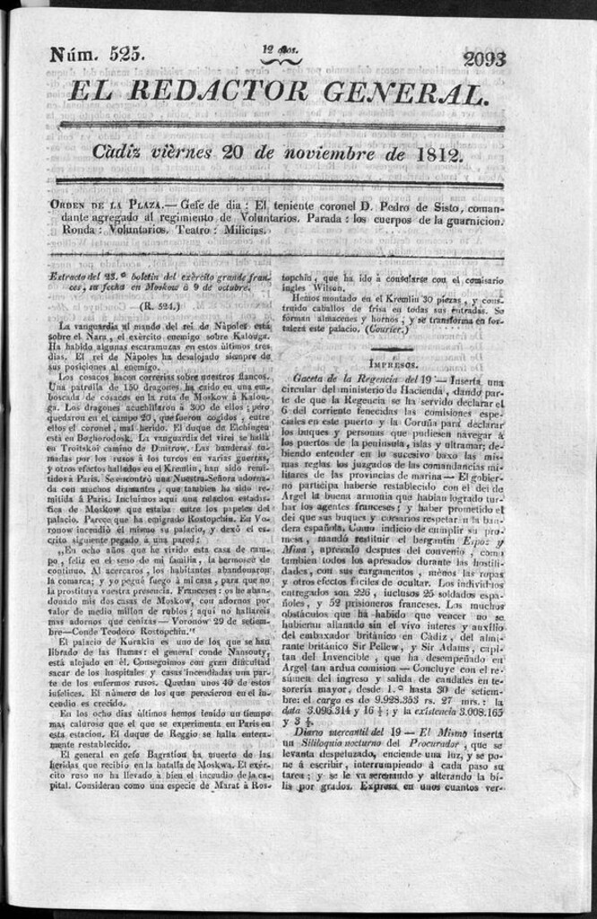Miniatura de Redactor General del viernes 20 de noviembre de 1812