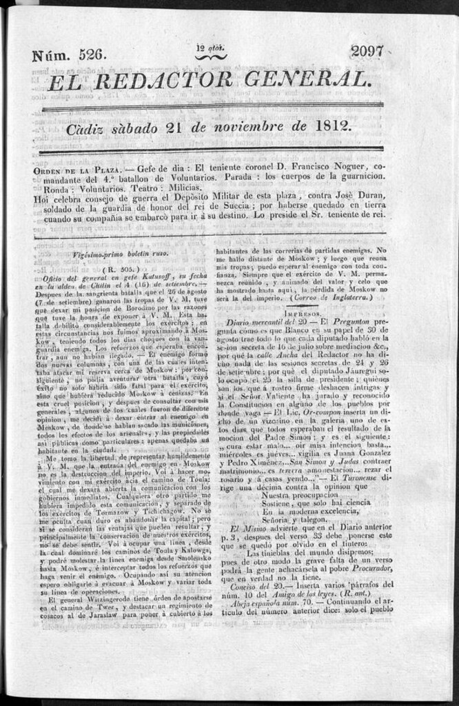 Miniatura de Redactor General del sábado 21 de noviembre de 1812