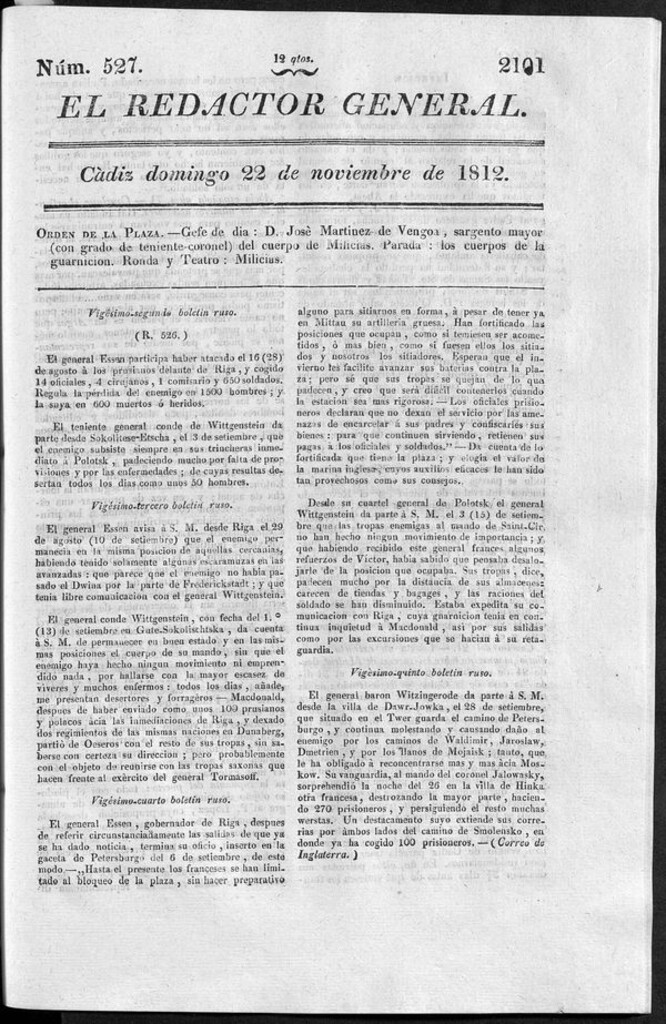 Miniatura de Redactor General del domingo 22 de noviembre de 1812