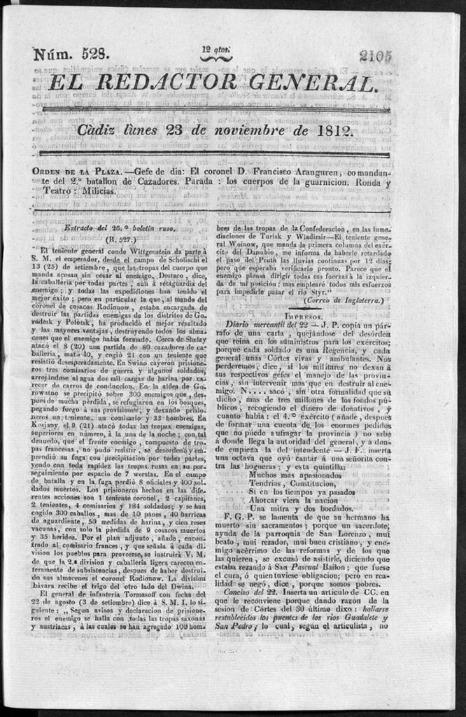 Miniatura de Redactor General del lunes 23 de noviembre de 1812