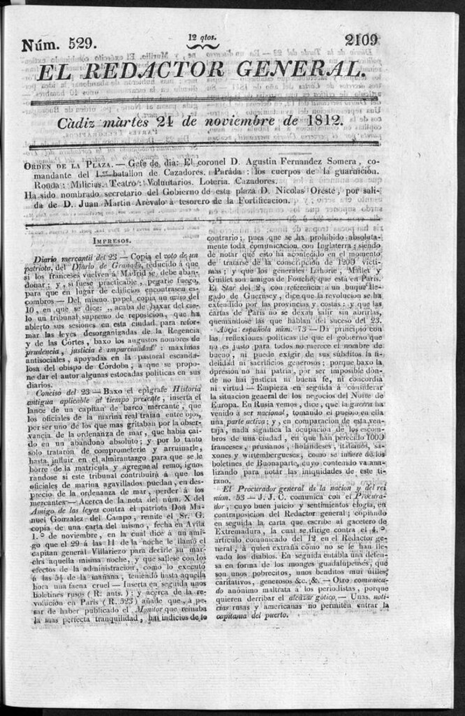 Miniatura de Redactor General del martes 24 de noviembre de 1812