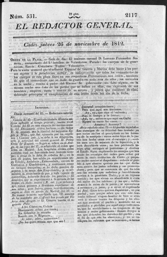 Miniatura de Redactor General del jueves 26 de noviembre de 1812