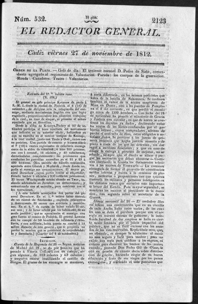Miniatura de Redactor General del viernes 27 de noviembre de 1812