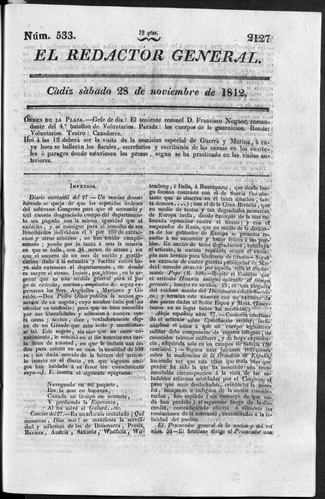 Miniatura de Redactor General del sábado 28 de noviembre de 1812