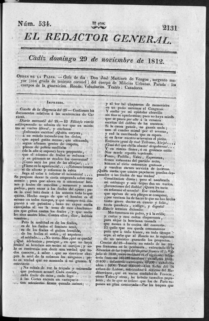 Miniatura de Redactor General del domingo 29 de noviembre de 1812