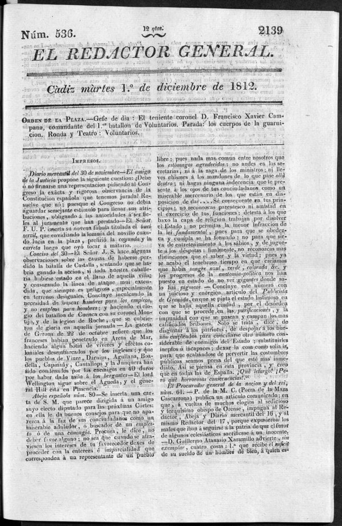 Miniatura de Redactor General del martes 1 de diciembre de 1812