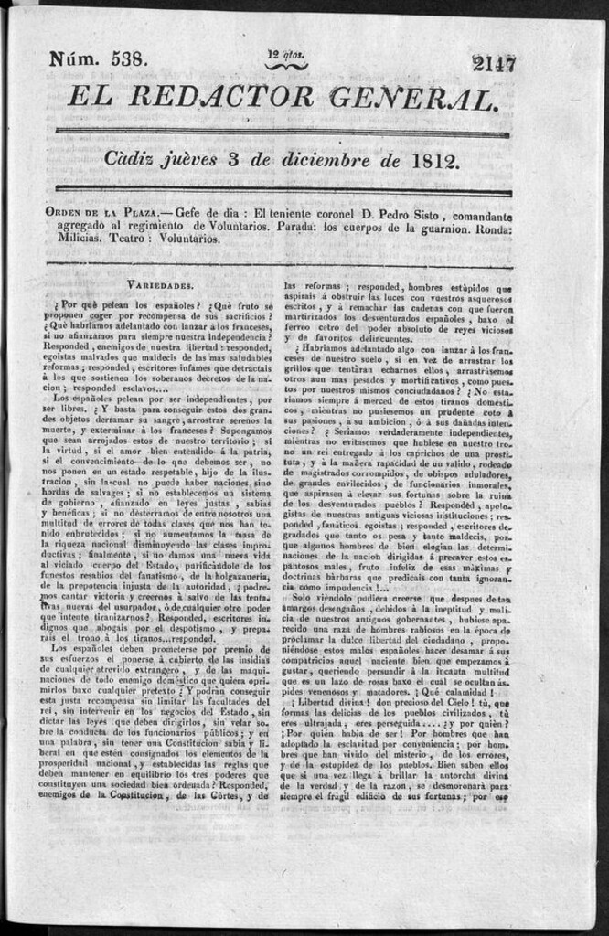 Miniatura de Redactor General del jueves 3 de diciembre de 1812