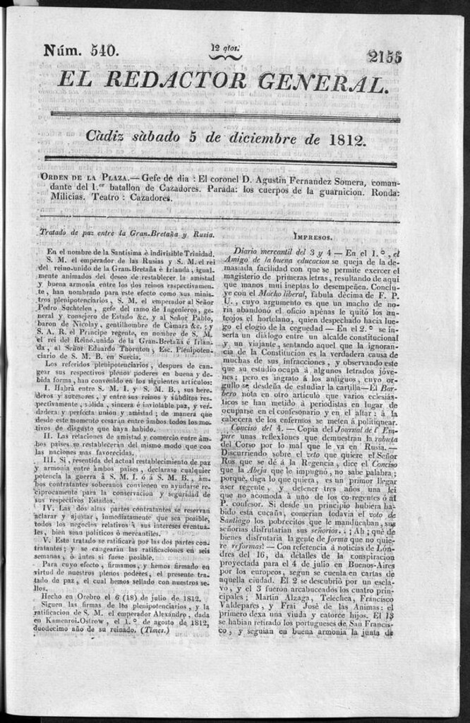 Miniatura de Redactor General del sábado 5 de diciembre de 1812