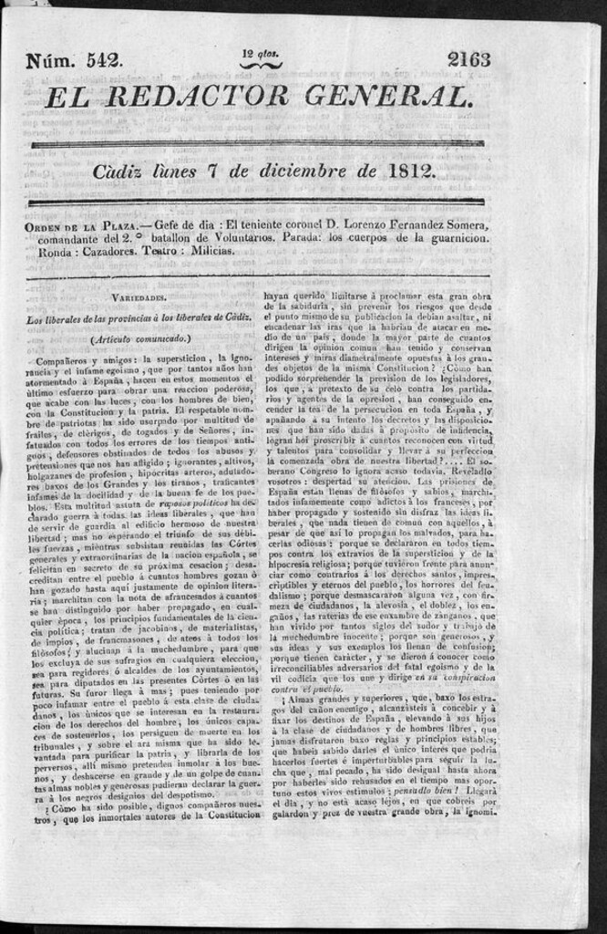 Miniatura de Redactor General del lunes 7 de diciembre de 1812