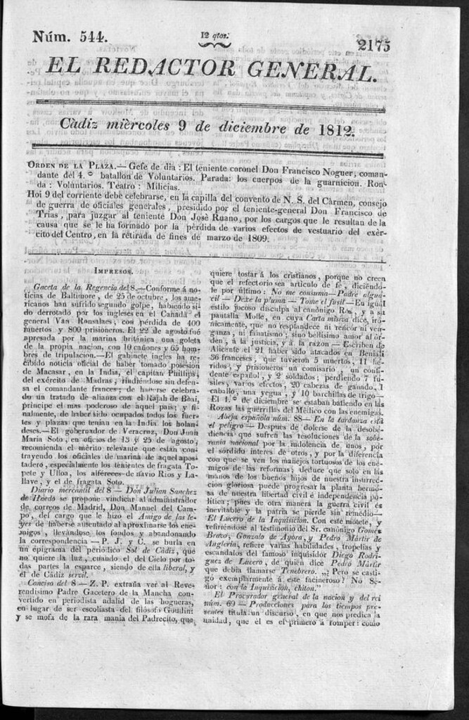 Miniatura de Redactor General del miércoles 9 de diciembre de 1812