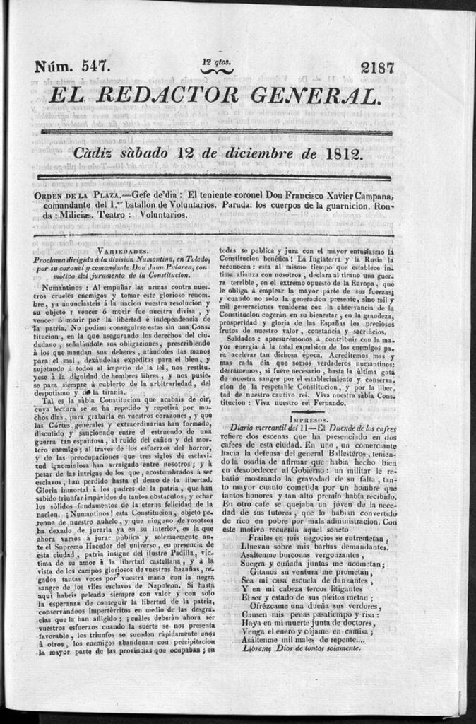 Miniatura de Redactor General del sábado 12 de diciembre de 1812