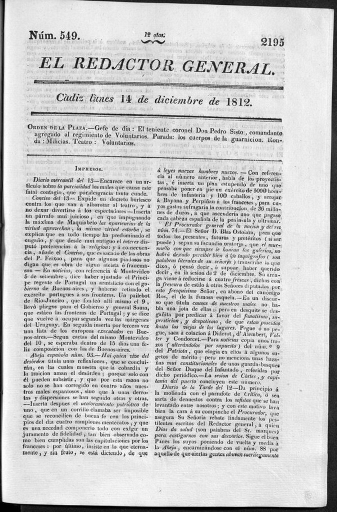 Miniatura de Redactor General del lunes 14 de diciembre de 1812