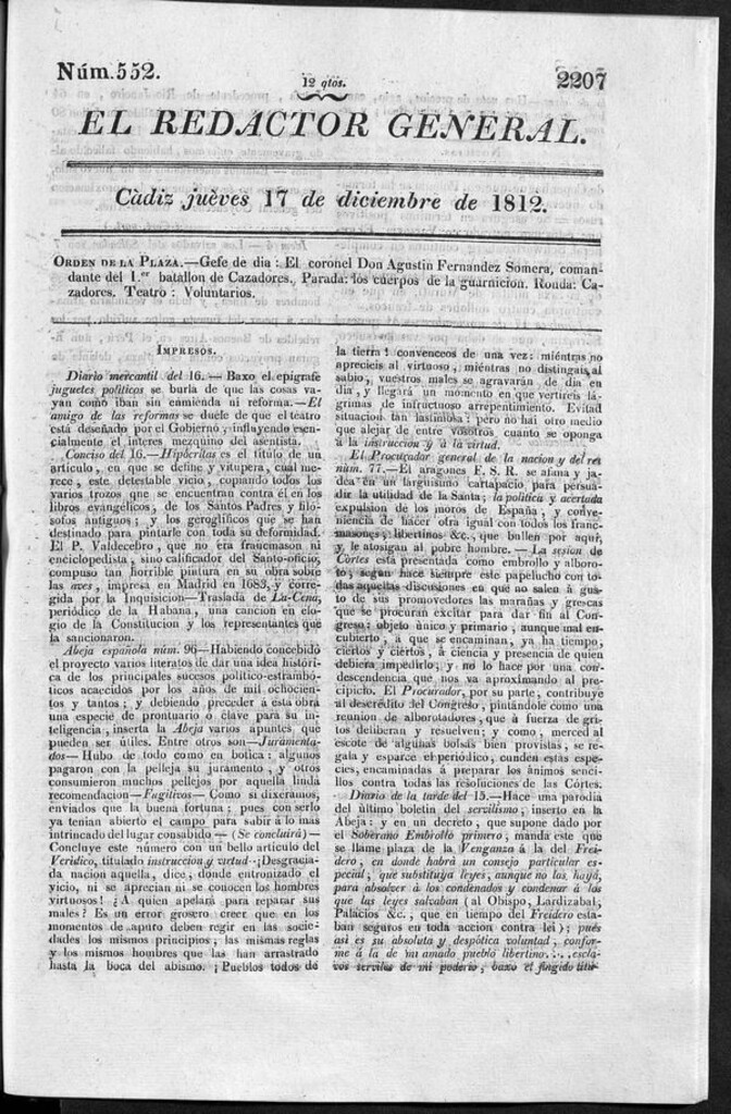Miniatura de Redactor General del jueves 17 de diciembre de 1812