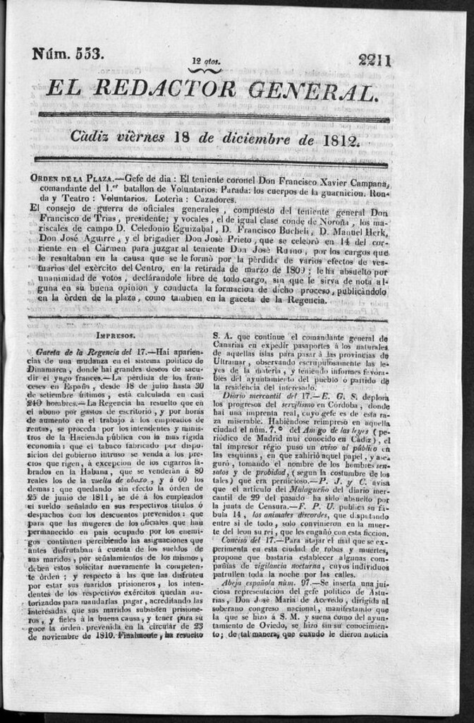 Miniatura de Redactor General del viernes 18 de diciembre de 1812