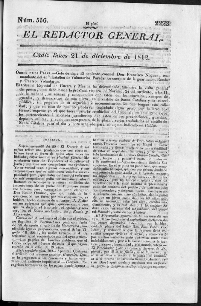 Miniatura de Redactor General del lunes 21 de diciembre de 1812