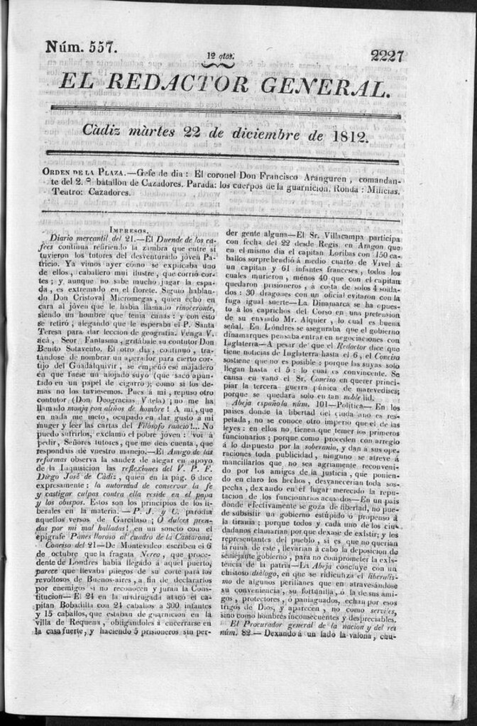 Miniatura de Redactor General del martes 22 de diciembre de 1812