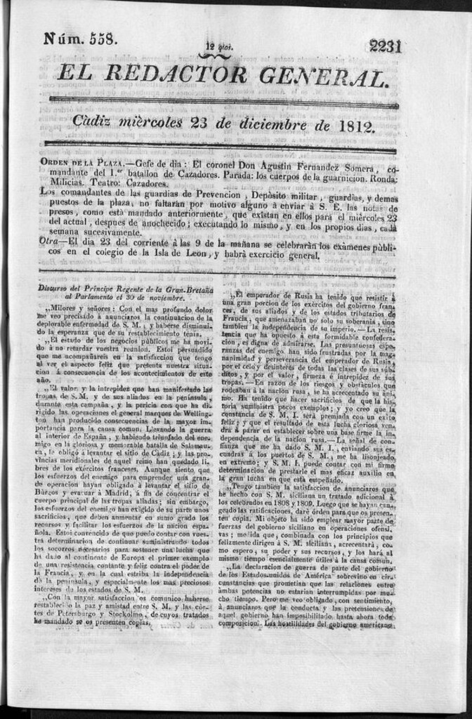 Miniatura de Redactor General del miercoles 23 de diciembre de 1812