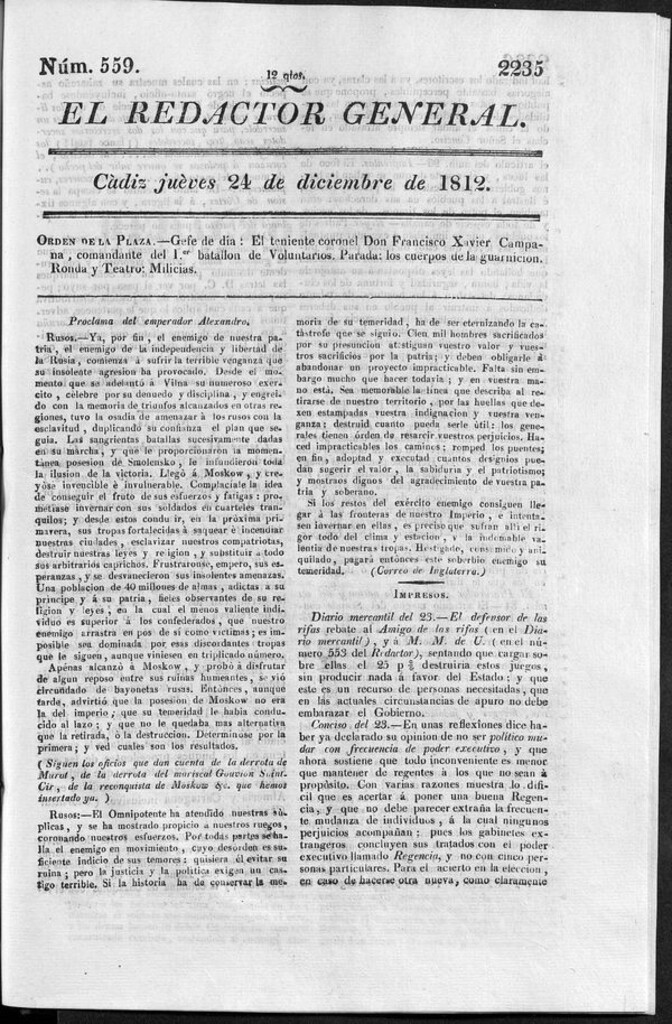 Miniatura de Redactor General del jueves 24 de diciembre de 1812