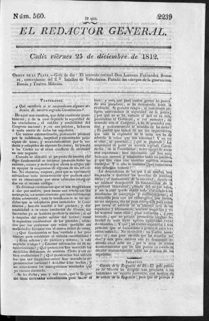 Miniatura de Redactor General del viernes 25 de diciembre de 1812